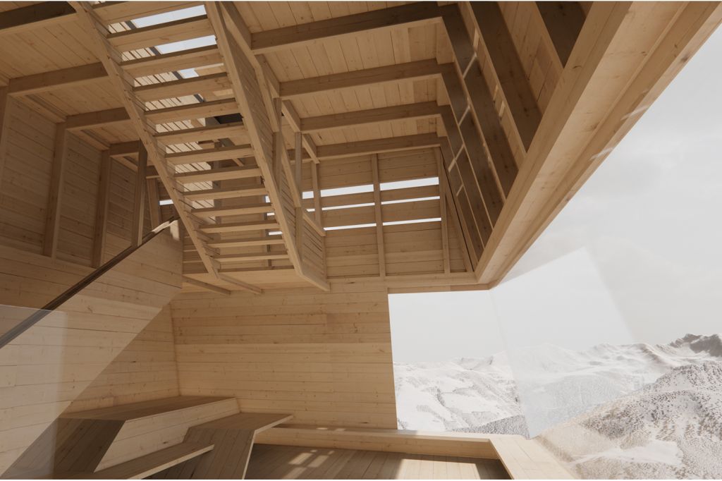 Aussichtsturm Ski Juwel Alpbachtal Wildschönau - Die Stube ist windgeschützt, aber nicht beheizt. Die Besucher können sich dort kurz ausruhen und die Aussicht genießen.  - © Snøhetta Studio Innsbruck