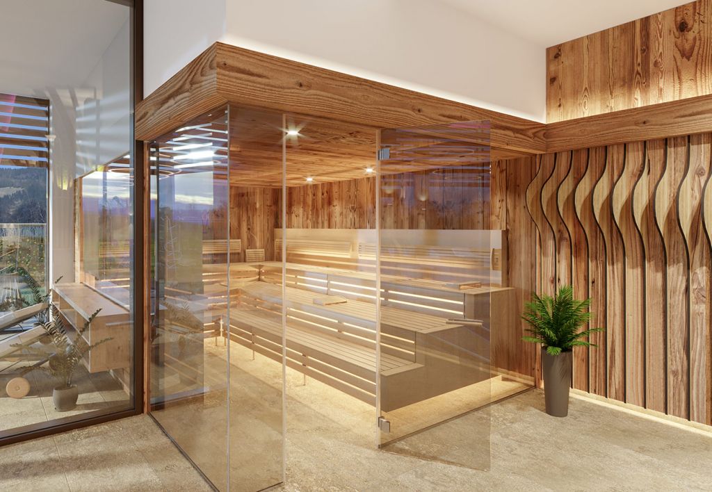 Finnische Sauna - Die Textilsauna befindet sich ebenfalls im Erdgeschoss. Einige andere Saunen, wie zum Beispiel die Event-Sauna mit 90°C sind im Erwachsenenbereich im 1. Obergeschoss untergebracht. - © Der Postwirt in Söll