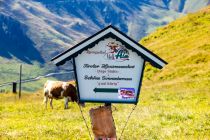 Ein Schild zur Melk-Alm mit dekorativer Kuh.  • © alpintreff.de - Silke Schön