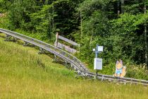 Das Maskottchen Kolbi steht an den Schienen des Alpine Coasters in Oberammergau. • © alpintreff.de - Christian Schön