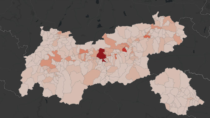 Corona-Karte des Landes Tirol auf Ebene der Gemeinden.