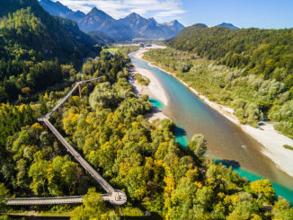 Aus der Vogelperspektive ist der Baumkronenweg im Walderlebnis Ziegelwies in Füssen/Allgäu gleich nochmal so eindrucksvoll und offenbart die Aussicht auf den Lech sowie den umliegenden Berg- und Auwald. // Foto: Füssen Tourismus und Marketing / Mathias Struck